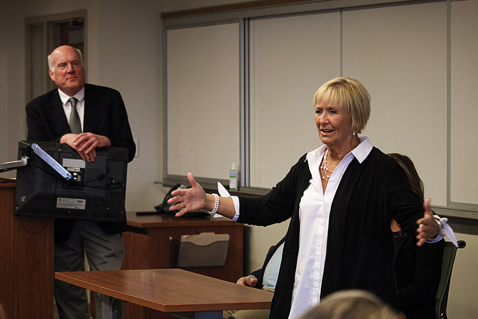 John Ammann with Judy Henderson, speaking at Scott Hall John Ammann with Judy Henderson, speaking at Scott Hall
