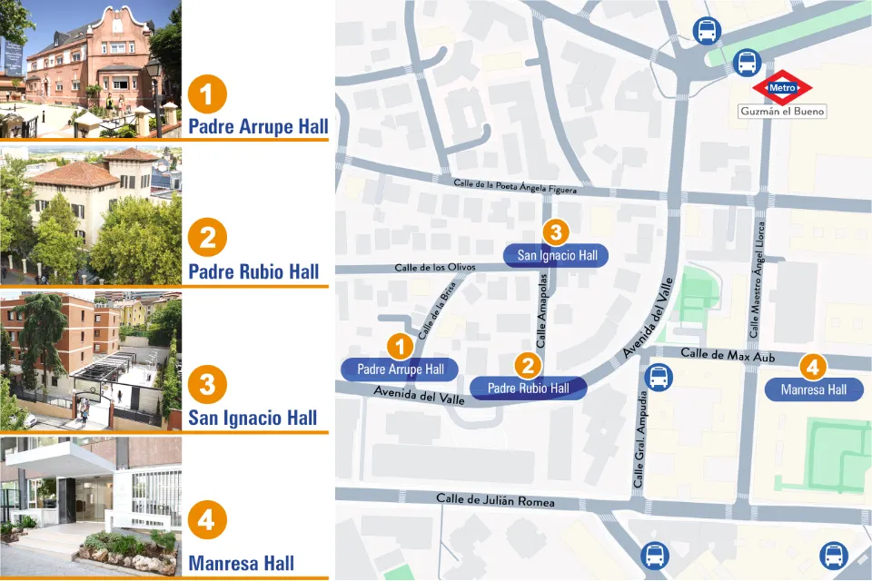 Map showing the the locations of Padre Arrupe Hall and Padre Rubio Hall on Avenida del Valle; San Ignacio Hall on Calle de las Amapolas, and Manresa Hall on Calle de Max Aub.