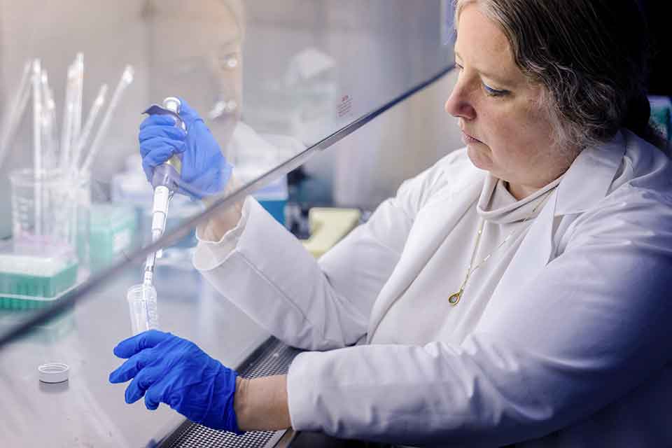 A researcher reaches behind a protective glass to pipe a liquid into a vial.